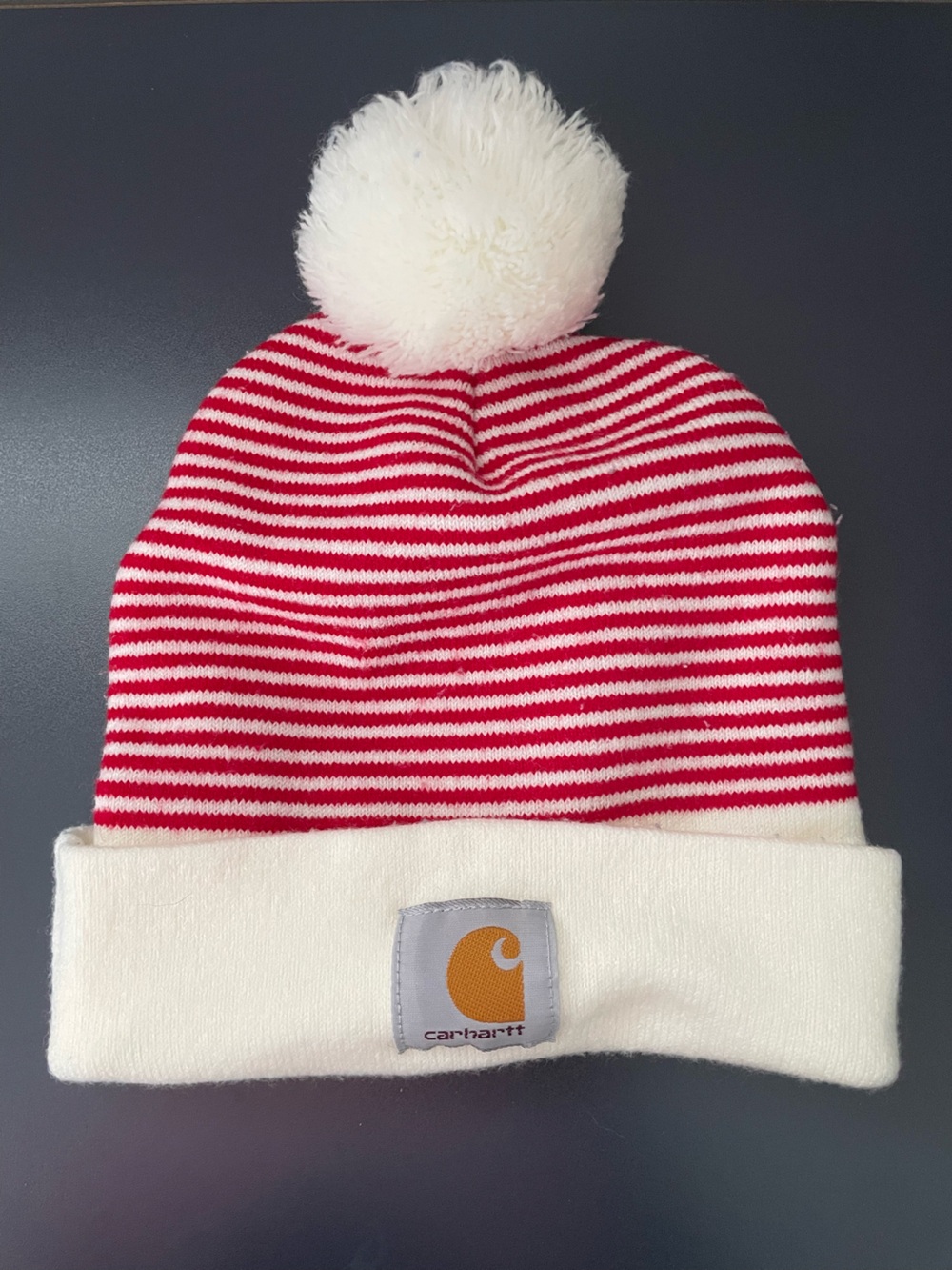 Carhartt Red and White Striped Pom Beanie One Size